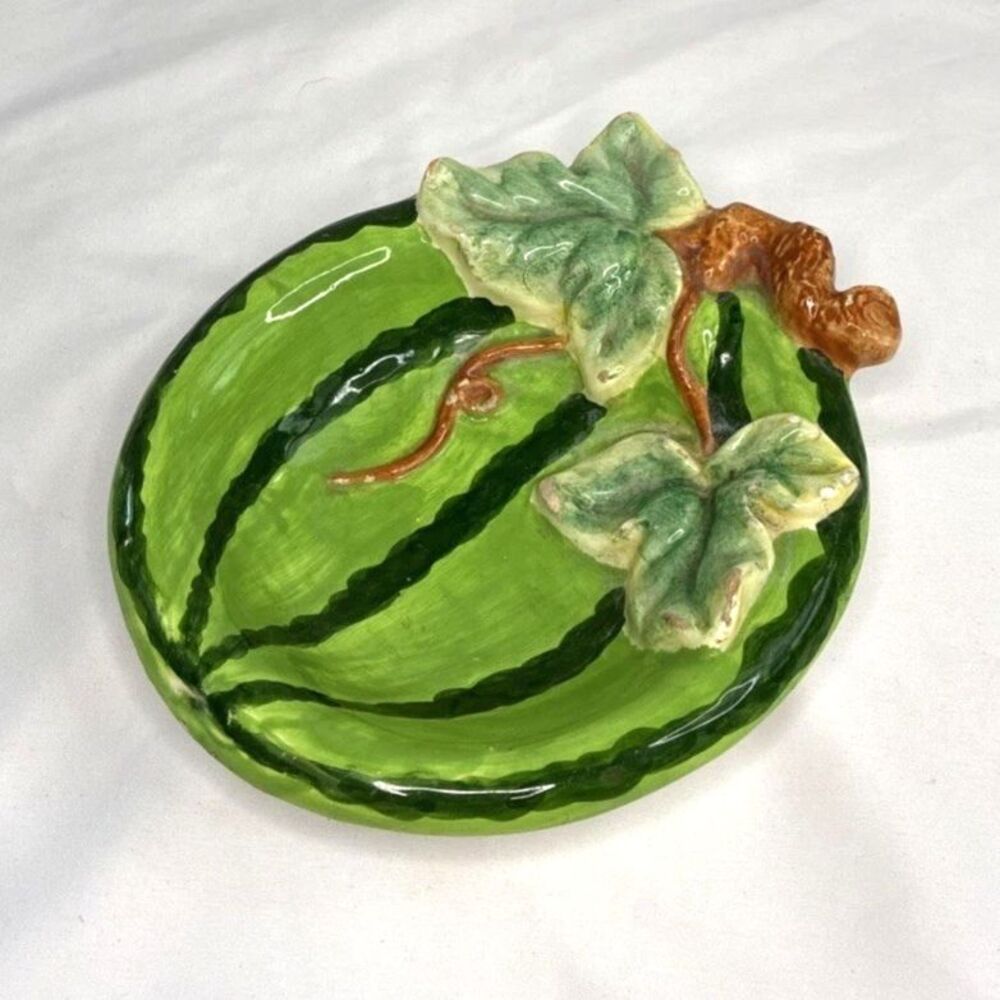 Vintage Watermelon Shaped Bowl Candy Dish Green Ceramic Tray Trinket MCM FLAW